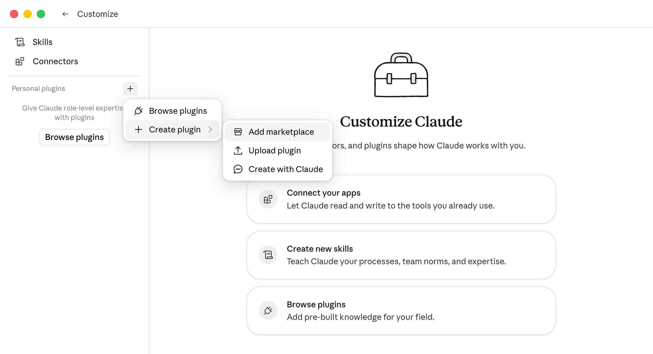 Claude Cowork plugin menu showing Add Marketplace