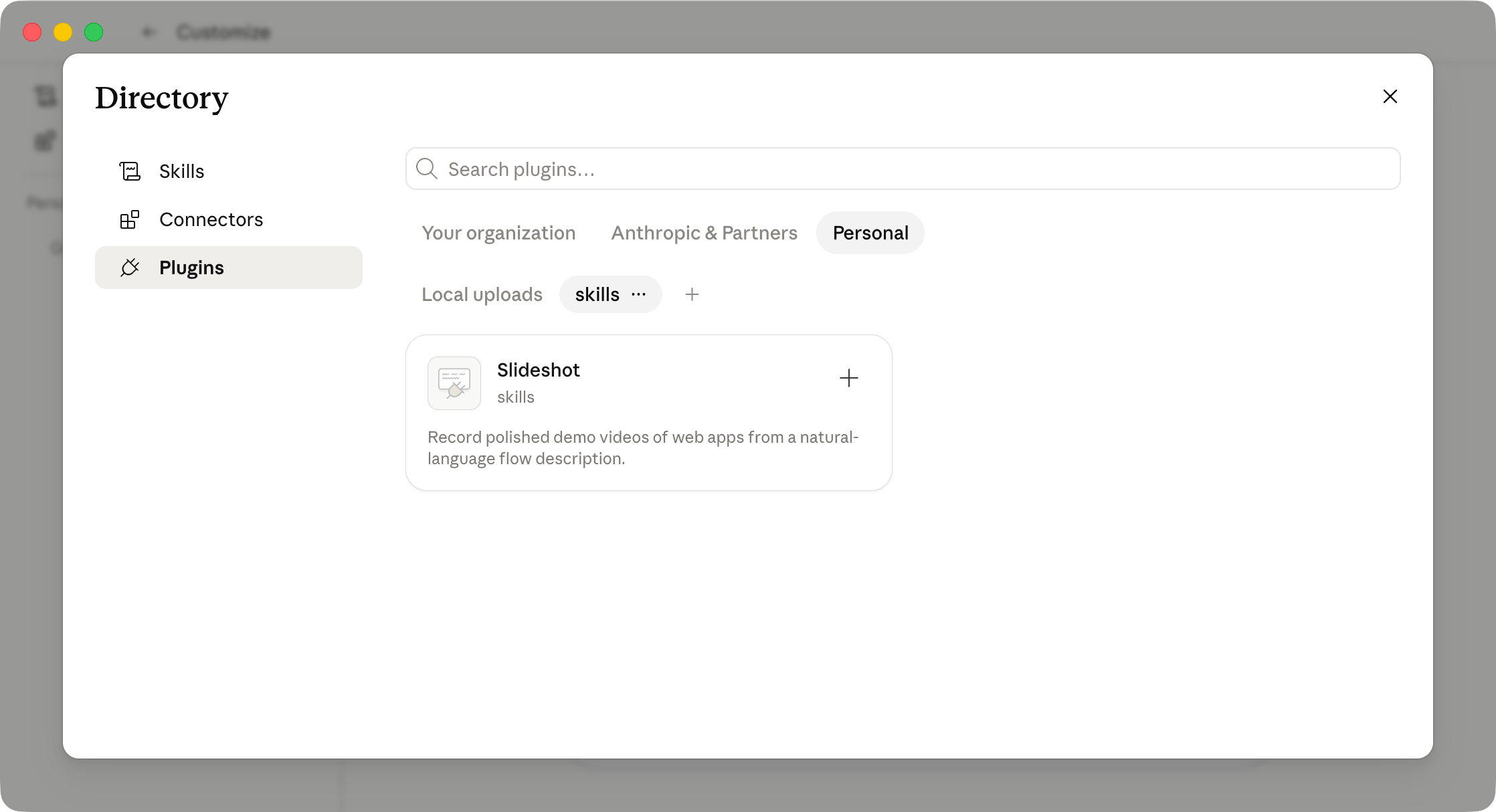 Claude Cowork Skills tab showing the Slideshot plugin install action