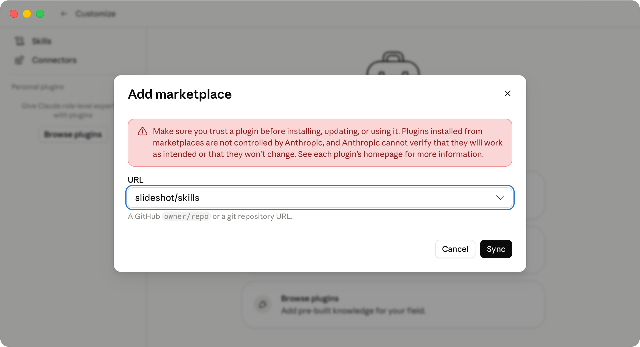 Claude Cowork marketplace dialog with the Slideshot skills repository URL